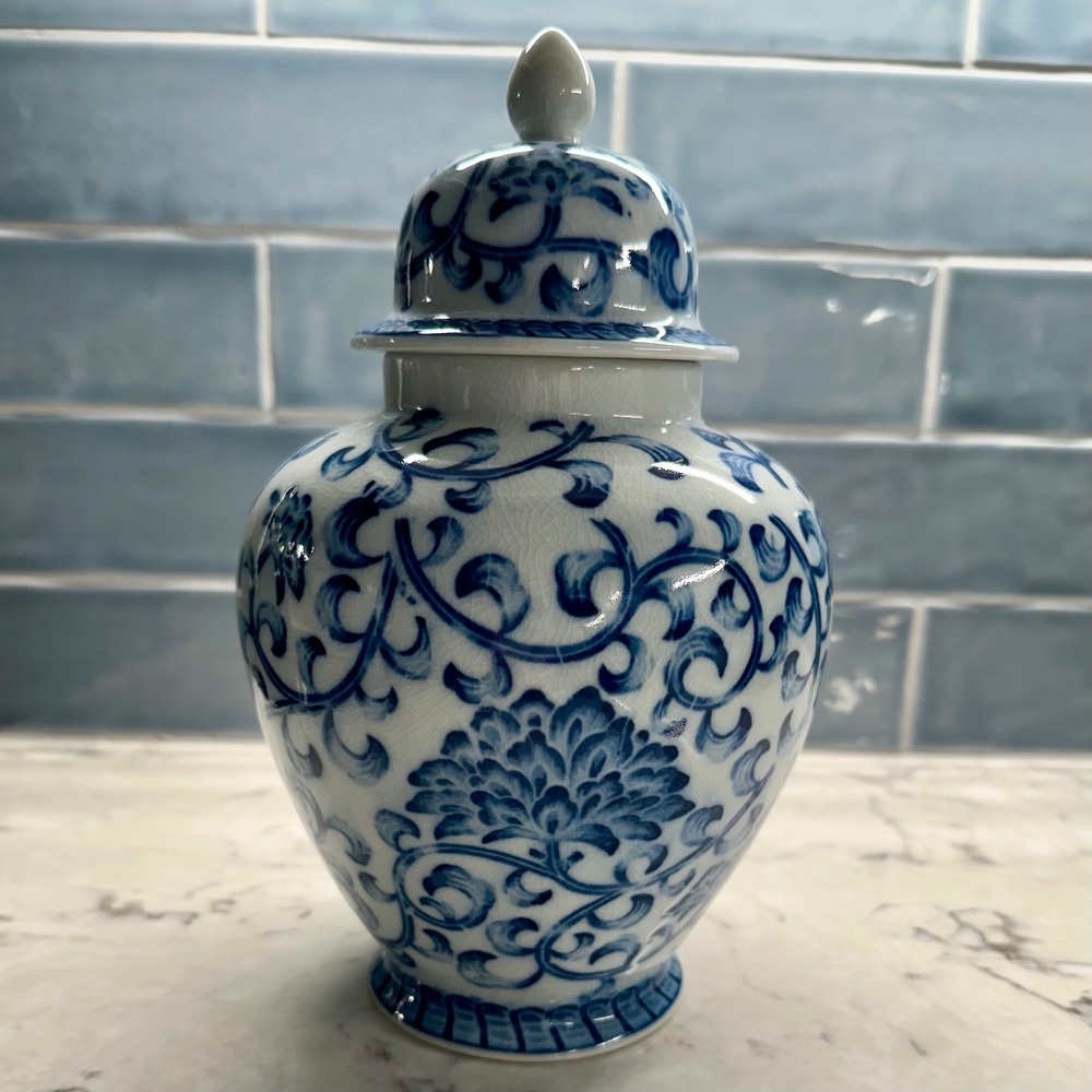 Andrea By Sadek Blue and White Floral Ginger Jar